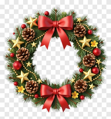 Christmas Wreath With Red Bow And Gold Stars PNG