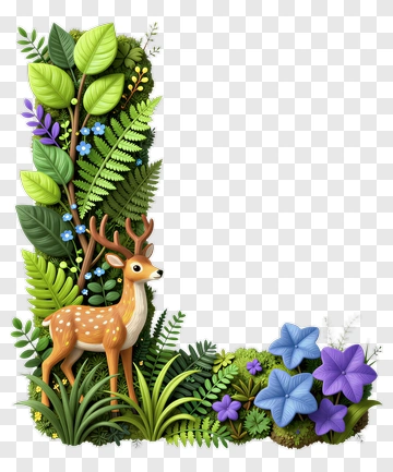 Cartoon Deer Surrounded By Greenery And Flowers PNG