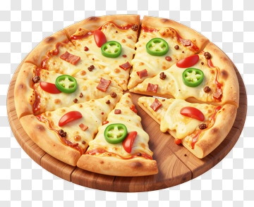 Delicious Pizza With Toppings On A Wooden Platter PNG