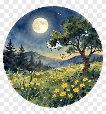 Moonlit Meadow With Flowers And Trees PNG