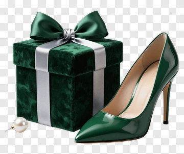 Green High Heel Shoe Next To A Gift Box PNG