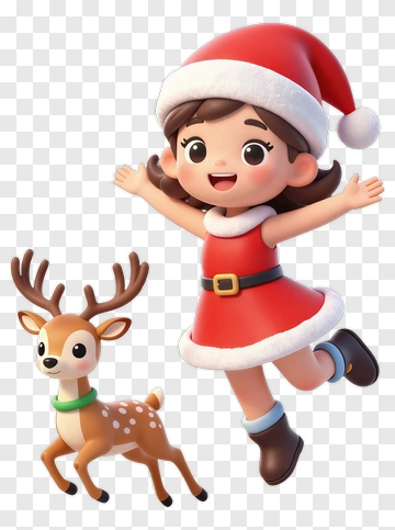 Cartoon Girl In Santa Outfit With A Reindeer PNG
