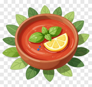 Bowl Of Tomato Soup With Lemon And Basil PNG
