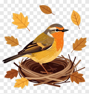 Bird Sitting In A Nest Surrounded By Autumn Leaves PNG