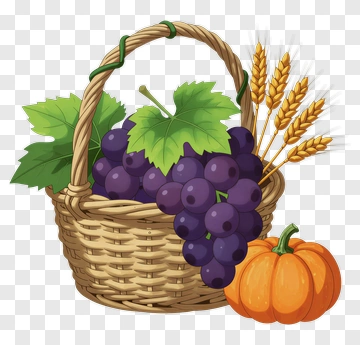 Basket Of Grapes, Wheat, And Pumpkin PNG