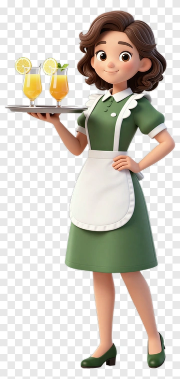 Cartoon Waitress Holding A Tray Of Drinks PNG