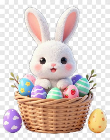 Cartoon Bunny In A Basket Of Easter Eggs PNG