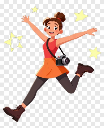 Cartoon Girl Jumping With A Camera PNG