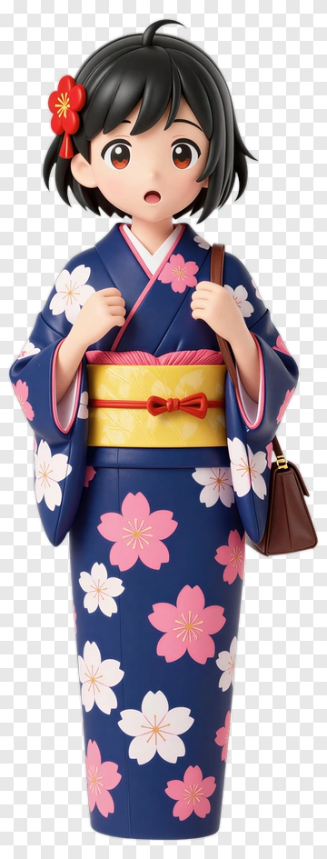 Girl In Kimono With Cherry Blossom Pattern PNG