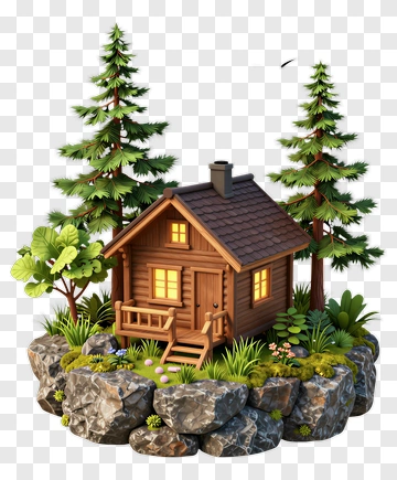 3D Cabin Surrounded By Trees And Rocks PNG