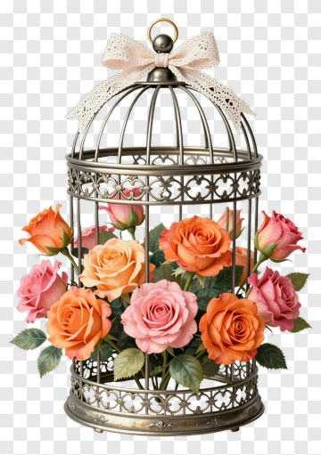 Flower Bouquet In A Decorative Cage PNG