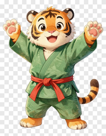 Cartoon Tiger In Green Kimono With Red Belt PNG