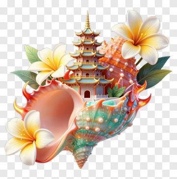 Fantasy Shell With Pagoda And Flowers PNG