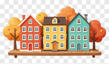 Colorful Cartoon Houses With Autumn Trees PNG