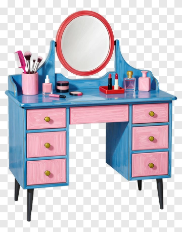 Colorful Vanity Table With Mirror And Makeup Accessories PNG