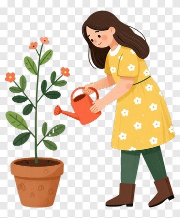 Girl Watering A Potted Plant PNG