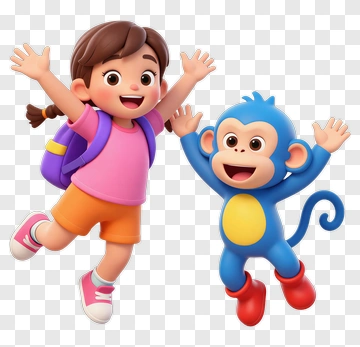Cartoon Girl Jumping With Monkey PNG