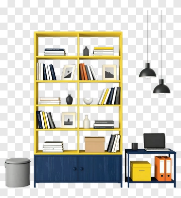 Modern Bookshelf With Office Desk And Accessories PNG
