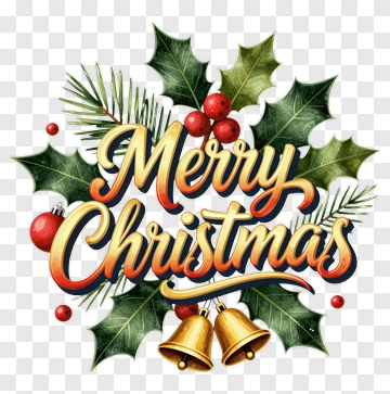 Merry Christmas Greeting With Holly And Bells PNG