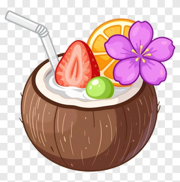Cartoon Coconut Drink With Fruits And Flower PNG