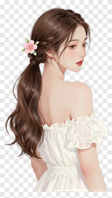 Girl With Long Hair And Flower In Dress PNG