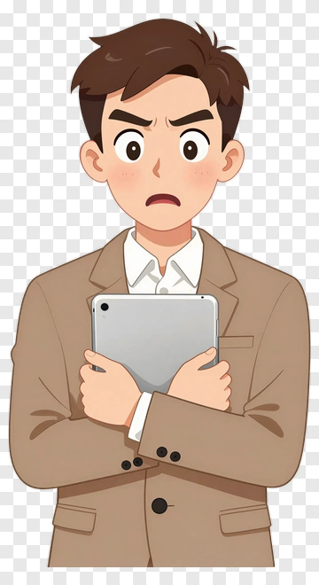 Concerned Young Man Holding A Tablet PNG