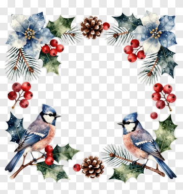 Blue Jay Birds With Holiday Floral Frame PNG