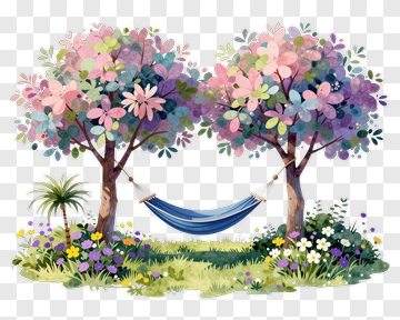 Colorful Trees With A Hammock In A Garden PNG