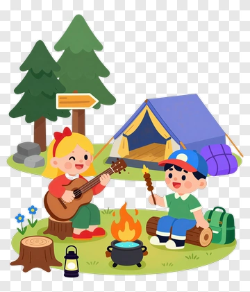 Children Camping And Playing Music By A Campfire PNG