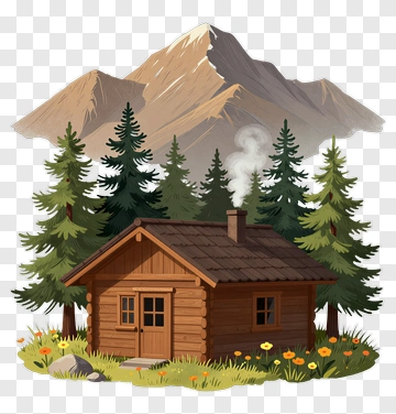 Wooden Cabin In A Mountainous Forest PNG