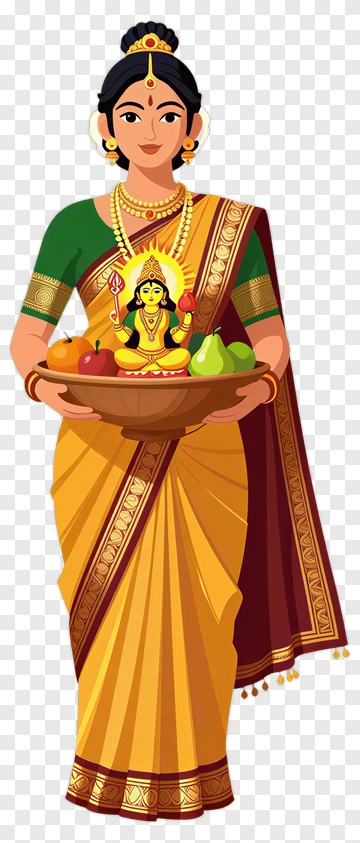 Woman In Traditional Attire Holding A Puja Thali PNG