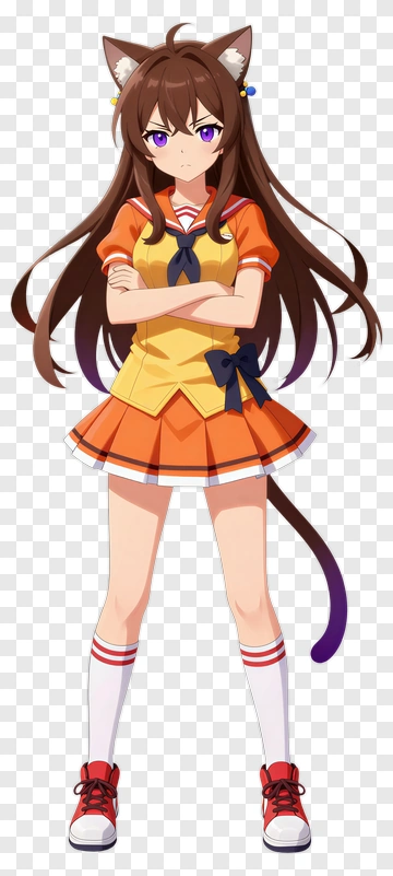 Anime Character In Orange Skirt And Cat Ears PNG