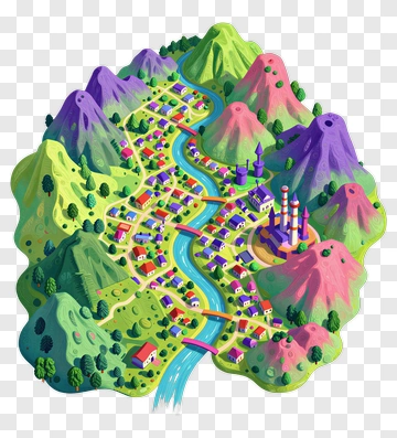 Colorful Cartoon Landscape With River And Mountains PNG