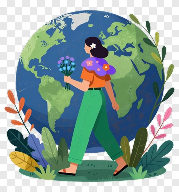 Woman Walking With Flowers In Front Of Earth PNG