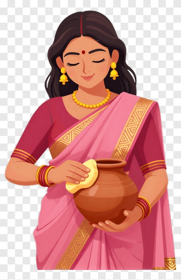 Woman In Pink Saree Holding A Pot PNG