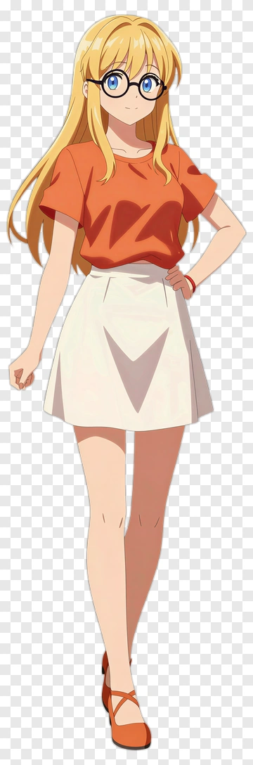 Anime Girl In Orange Top And White Skirt PNG