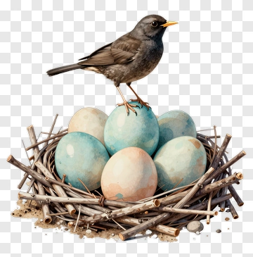 Bird Sitting On A Nest With Colorful Eggs PNG