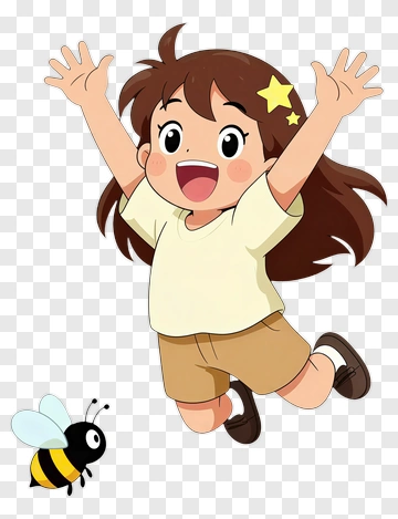 Cartoon Girl Jumping With A Bee PNG