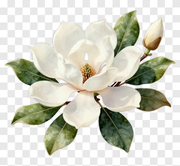 White Magnolia Flower With Green Leaves PNG