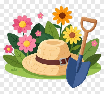 Gardening Hat And Shovel With Colorful Flowers PNG
