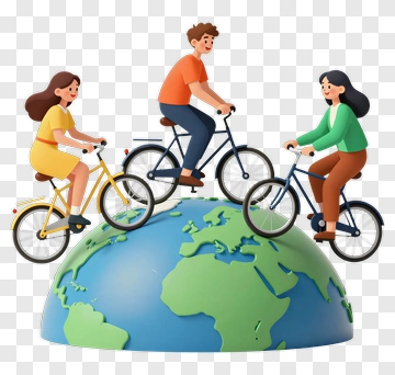 Cartoon People Riding Bicycles On A Globe PNG
