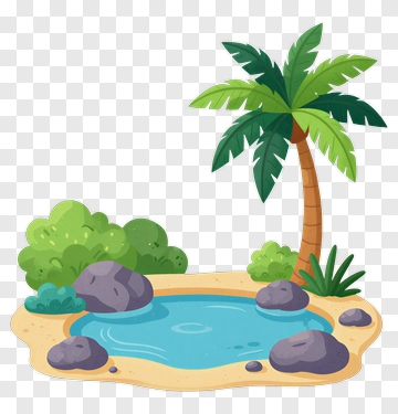 Tropical Scene With Palm Tree And Pond PNG