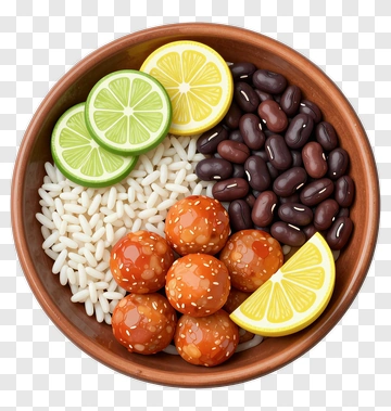 Bowl Of Rice With Beans, Lemon, And Sweet Balls PNG