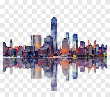 Watercolor City Skyline Reflection PNG