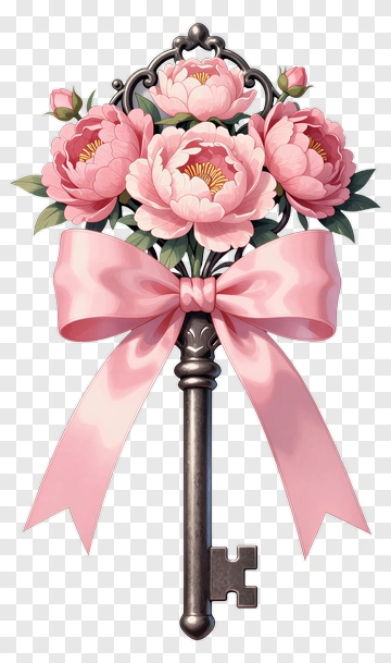 Key With Pink Flowers And Ribbon PNG