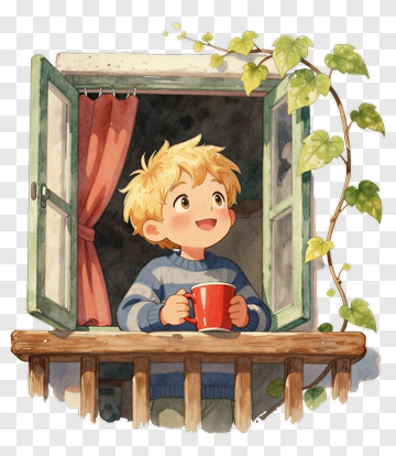 Boy Looking Out Of Window Holding A Cup PNG