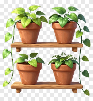 Potted Plants On A Wooden Shelf PNG