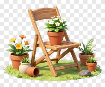 Wooden Chair Surrounded By Flower Pots PNG