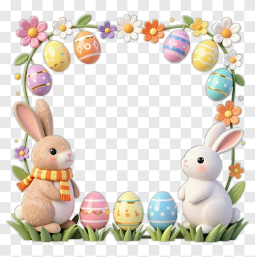 Easter Bunnies With Colorful Eggs And Flowers PNG