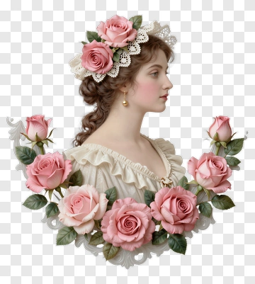 Vintage Woman With Pink Roses PNG